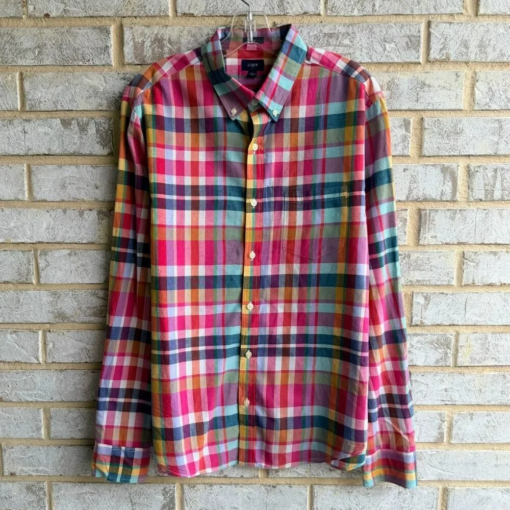 J. Crew Long Sleeve Button Up Multicolor Plaid Cotton Shirt Men's Size L